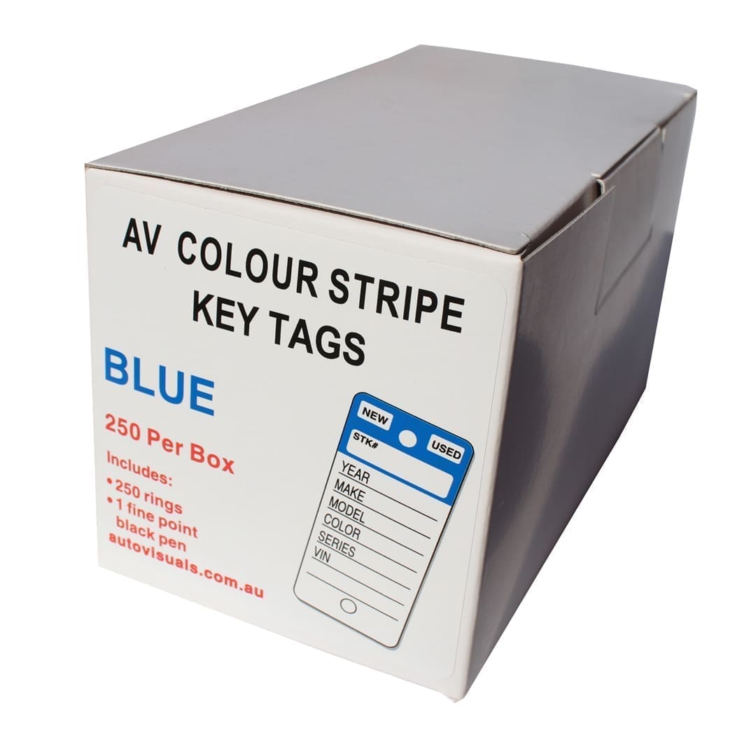 Blue AV colour stripe key tag box for dealerships, automotive accessories.