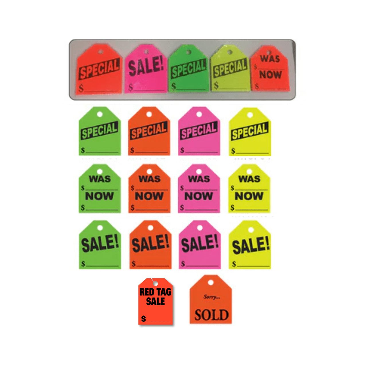 Colorful sale tags featuring "SALE," "SPECIAL," "WAS NOW," and "SOLD" messages, designed for promotional use in car dealerships.