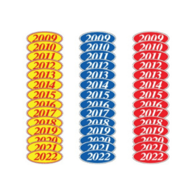 Oval year models stickers in yellow, blue, and red displaying years 2009 to 2022.