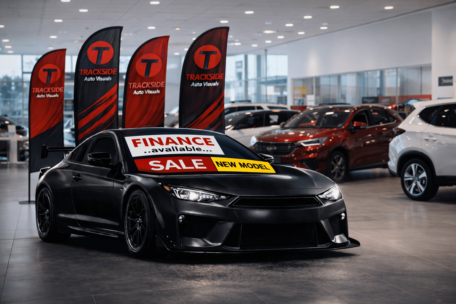 Black sports car with promotional sign reading "FINANCE available... SALE NEW MODEL" in front of Trackside Auto Visuals flags in a dealership setting, highlighting local automotive marketing solutions.