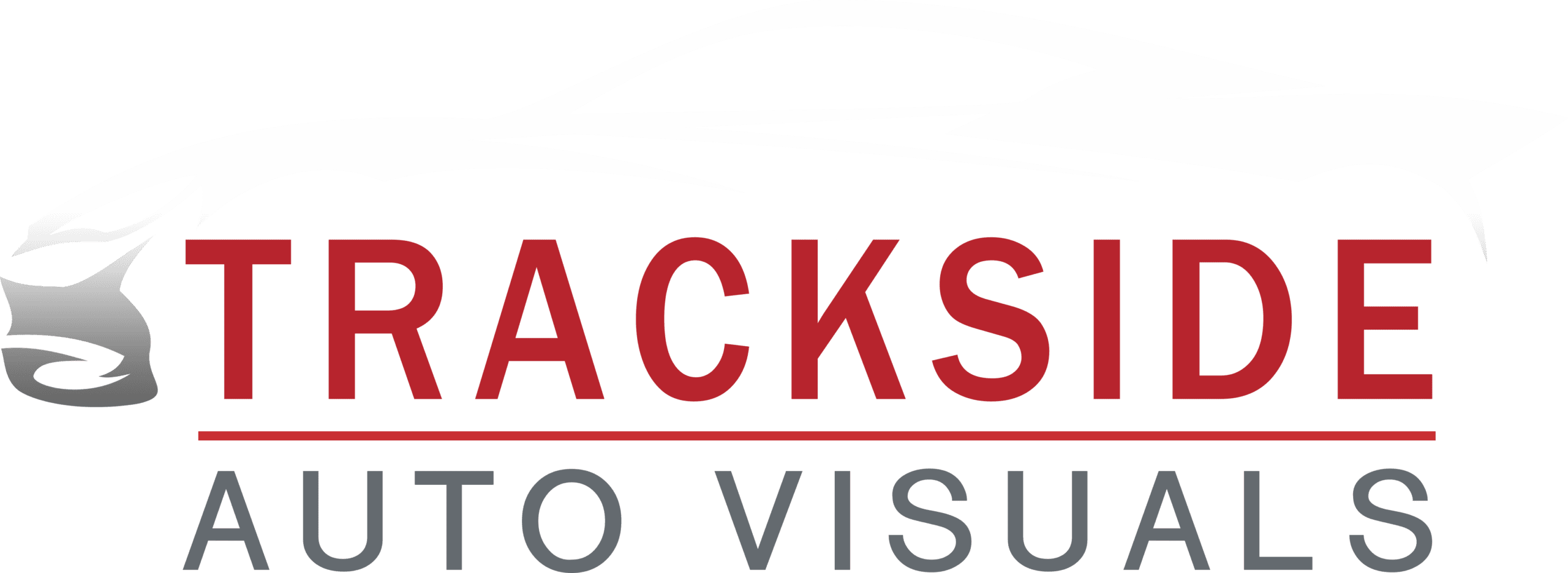 Trackside Auto Visuals logo featuring a sleek white car silhouette and bold red text, representing automotive visual products and supplies.
