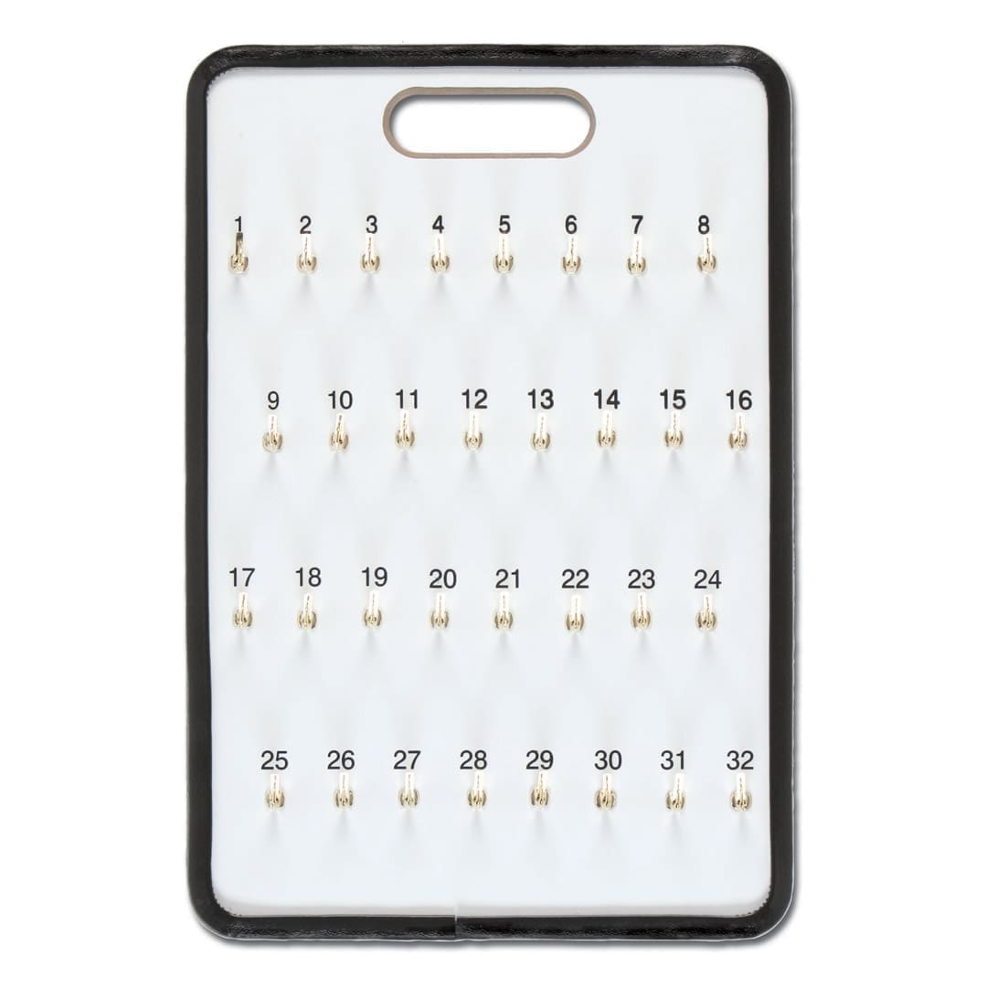 Safety hook key board with numbered hooks for key organization.