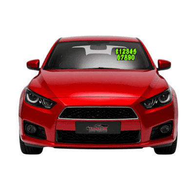 Red vehicle with prominent pricing stickers displaying "$12,645" and "07890," showcasing Trackside Auto Visuals branding, relevant to automotive supplies and dealership promotions.