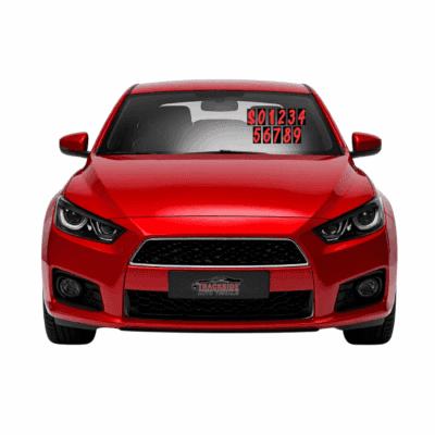 Fire red designer numbers displayed on a car windshield for windscreen signage.