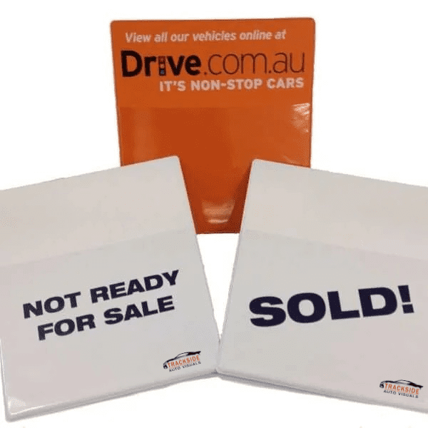 Pinky holders displaying "Not Ready For Sale" and "Sold" signs, Trackside Auto Visuals branding.