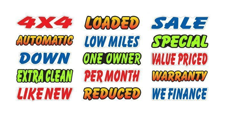 Die-cut slogans for car windscreen advertising, featuring sale and automotive keywords.