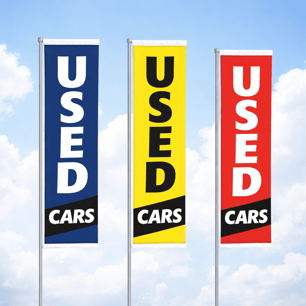 spinnaker flag Three vertical flags displaying "USED CARS" in bold letters, featuring blue, yellow, and red backgrounds, ideal for automotive promotional displays.
