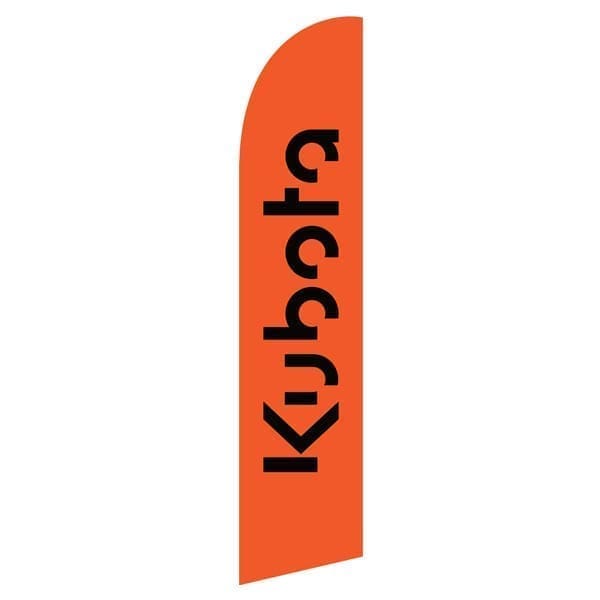 Kubota flags featuring bold black lettering on an orange background, designed for authorized dealers, promoting dealership visibility.