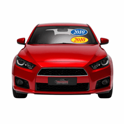 Red car displaying two windshield signs with the year "2010," representing automotive visual supplies for dealerships.