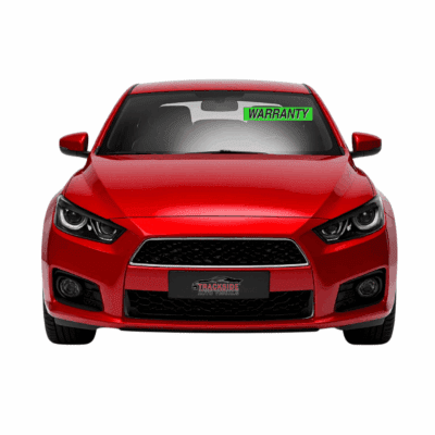 Red car with a "WARRANTY" sign on the windscreen, showcasing promotional automotive signage for Trackside Auto Visuals.