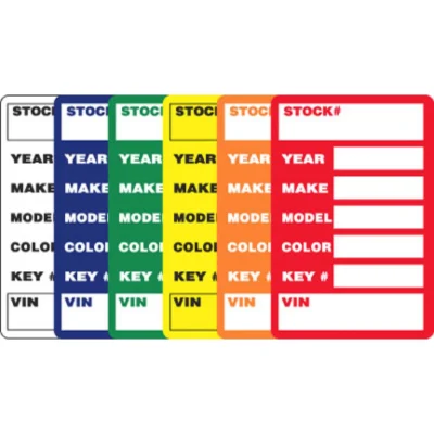 Key tag markers in various vibrant colors, featuring fields for stock number, year, make, model, color, and VIN, designed for automotive supplies.