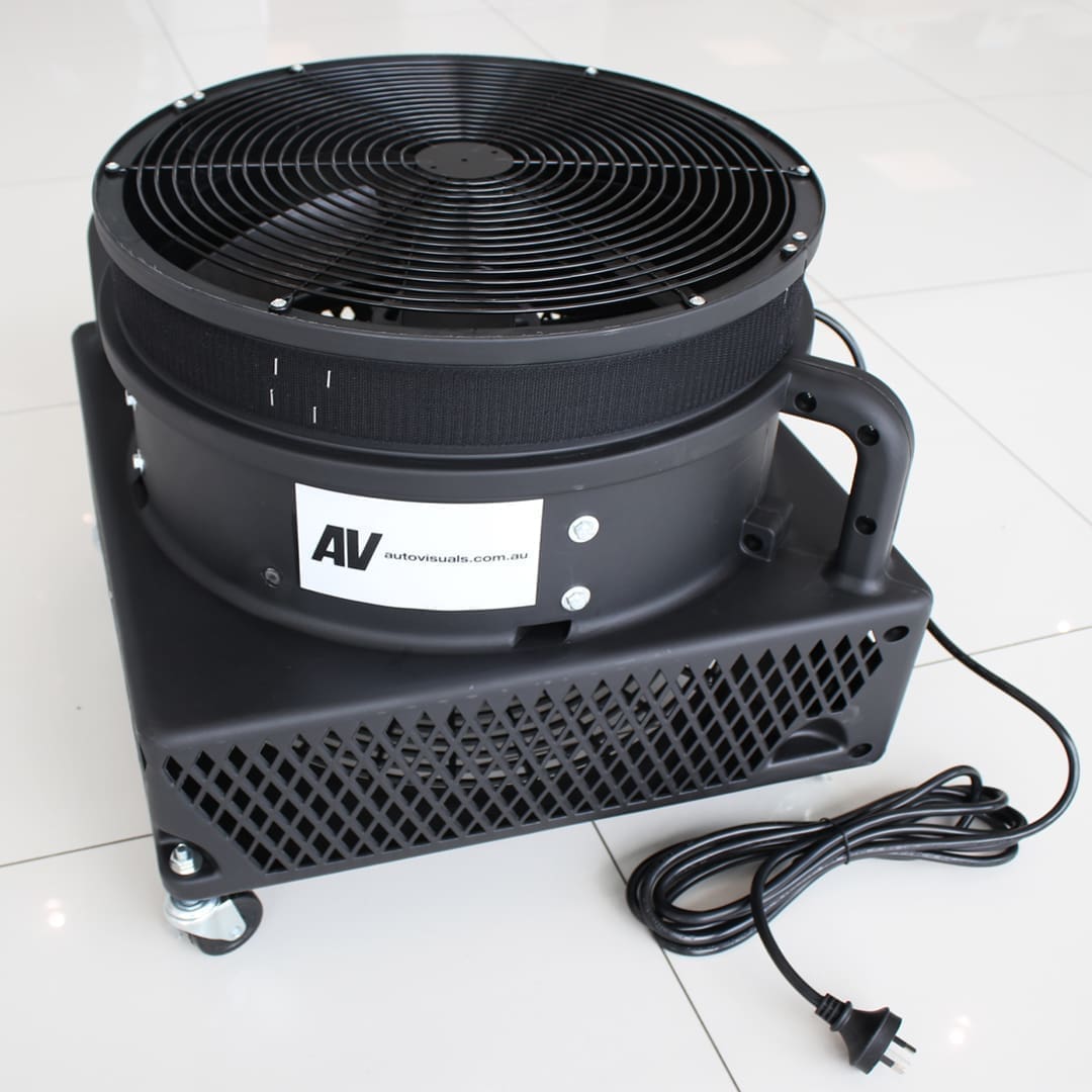 114FANPHOTO Air blower fan designed for inflatable advertising tubes, featuring a robust black casing and a prominent fan on top, ideal for enhancing visibility in outdoor promotions.