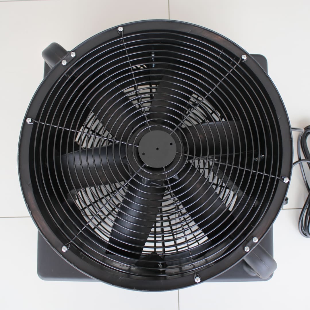 Air blower fan with black casing and visible power cord, featured in automotive supplies context.