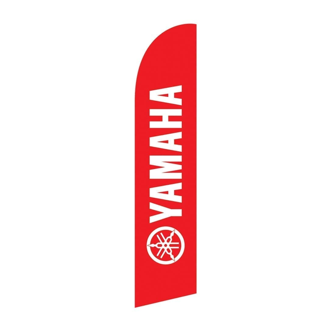 Yamaha wingtip flag in red with white text, showcasing branding for automotive visual products at Trackside Auto Visuals.